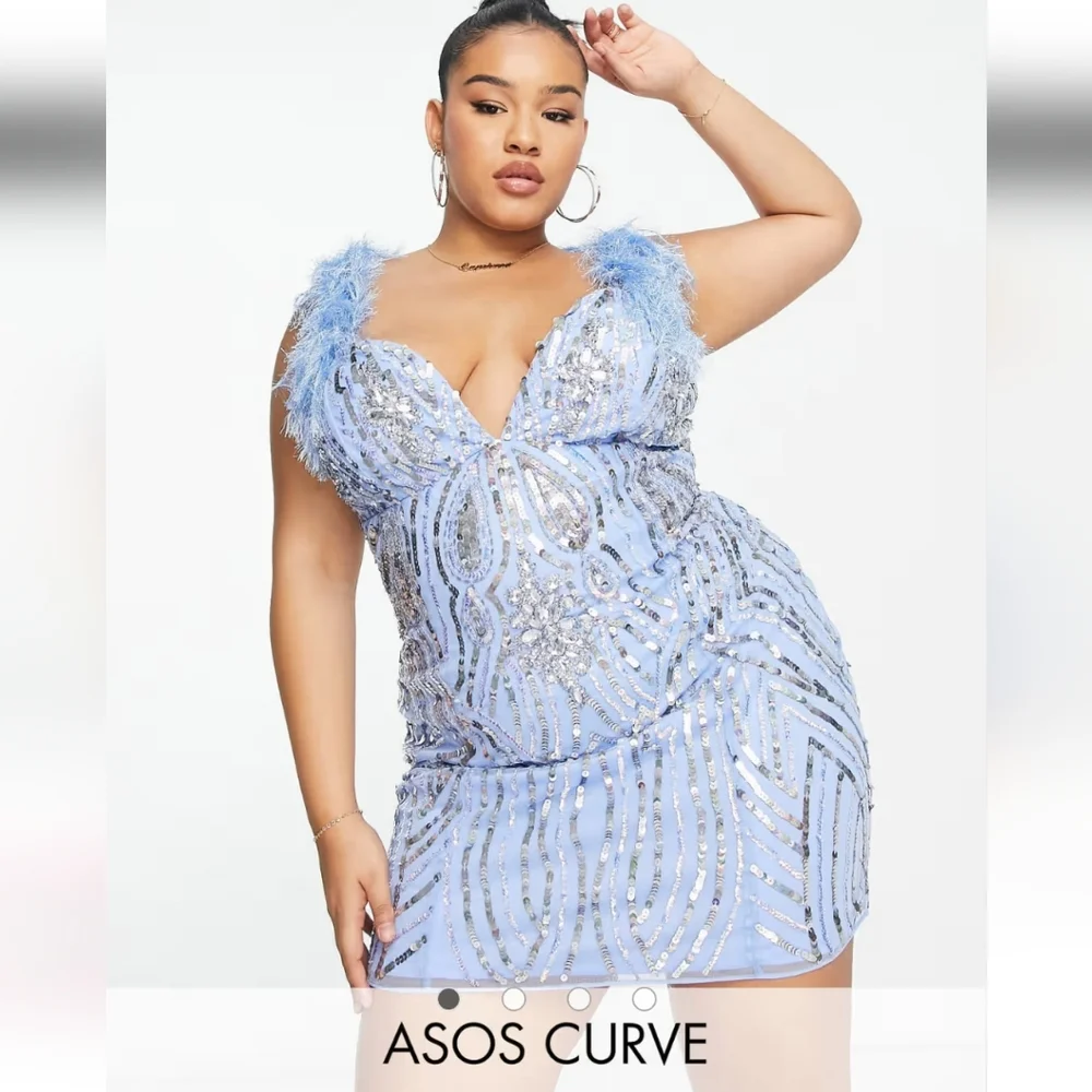 ASOS Curve | Luxe Embellished Gemstone Sequin Mini Dress With Feathers - Picture 1 of 8